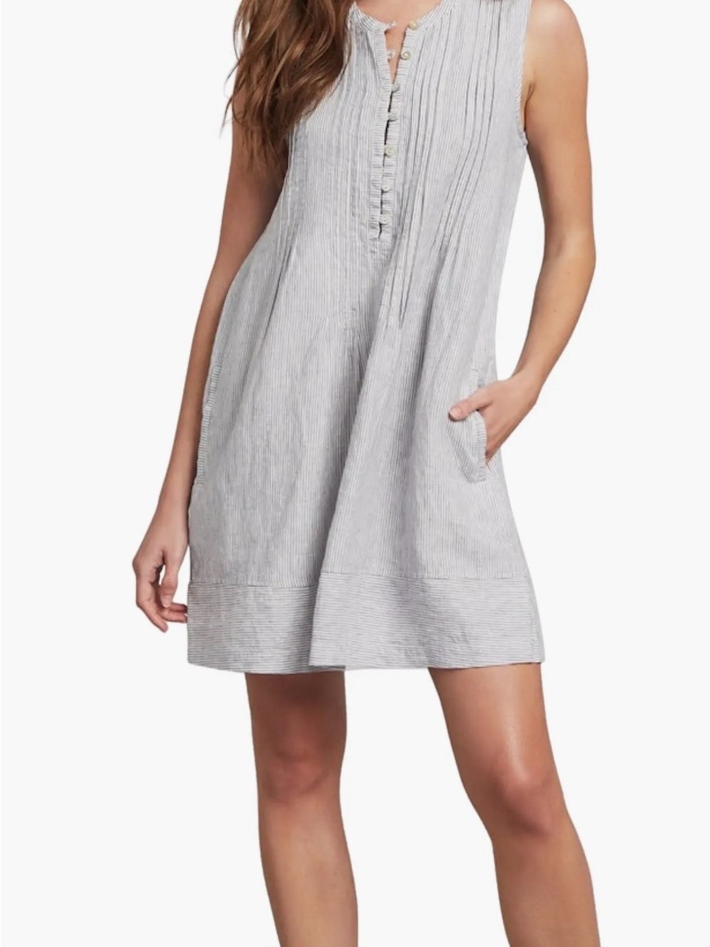 Faherty Striped Sleeveless Linen Shift Dress with Pintuck Detail Size M